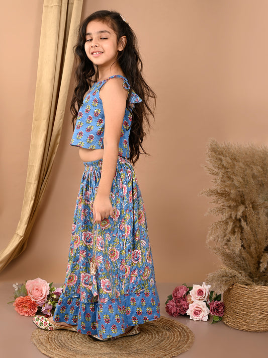 Blue katha printed Lehenga with sleeveless tie on top