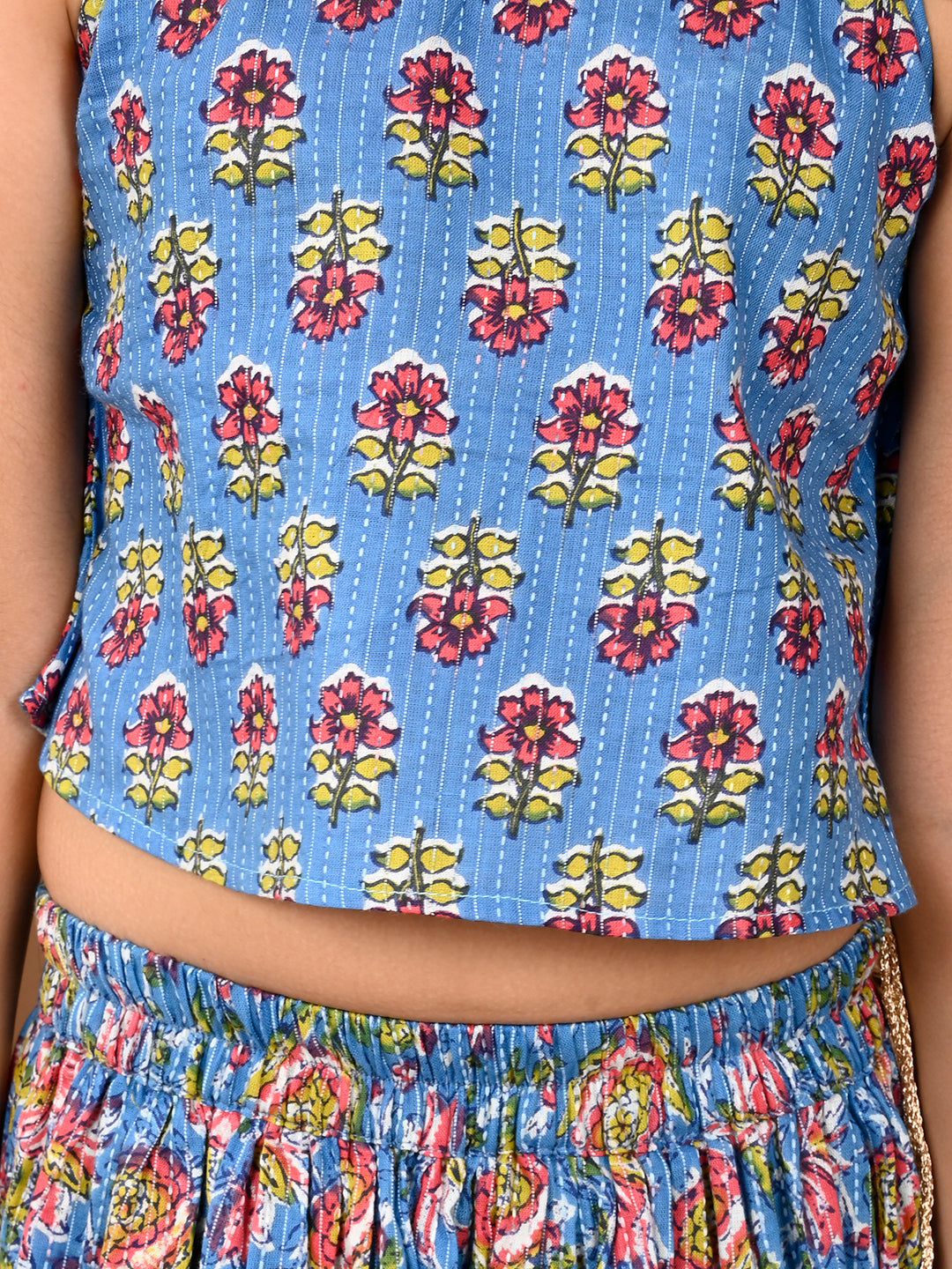 Blue katha printed Lehenga with sleeveless tie on top