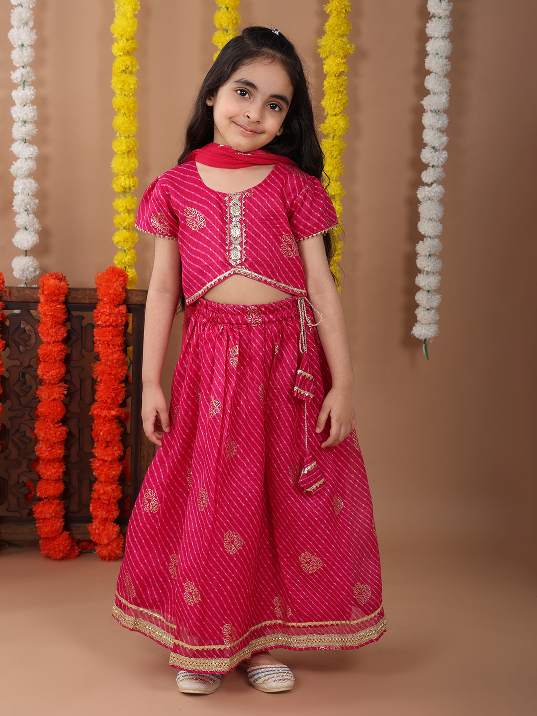 Pink Kota Lehenga with half sleeves lace work top and dupatta