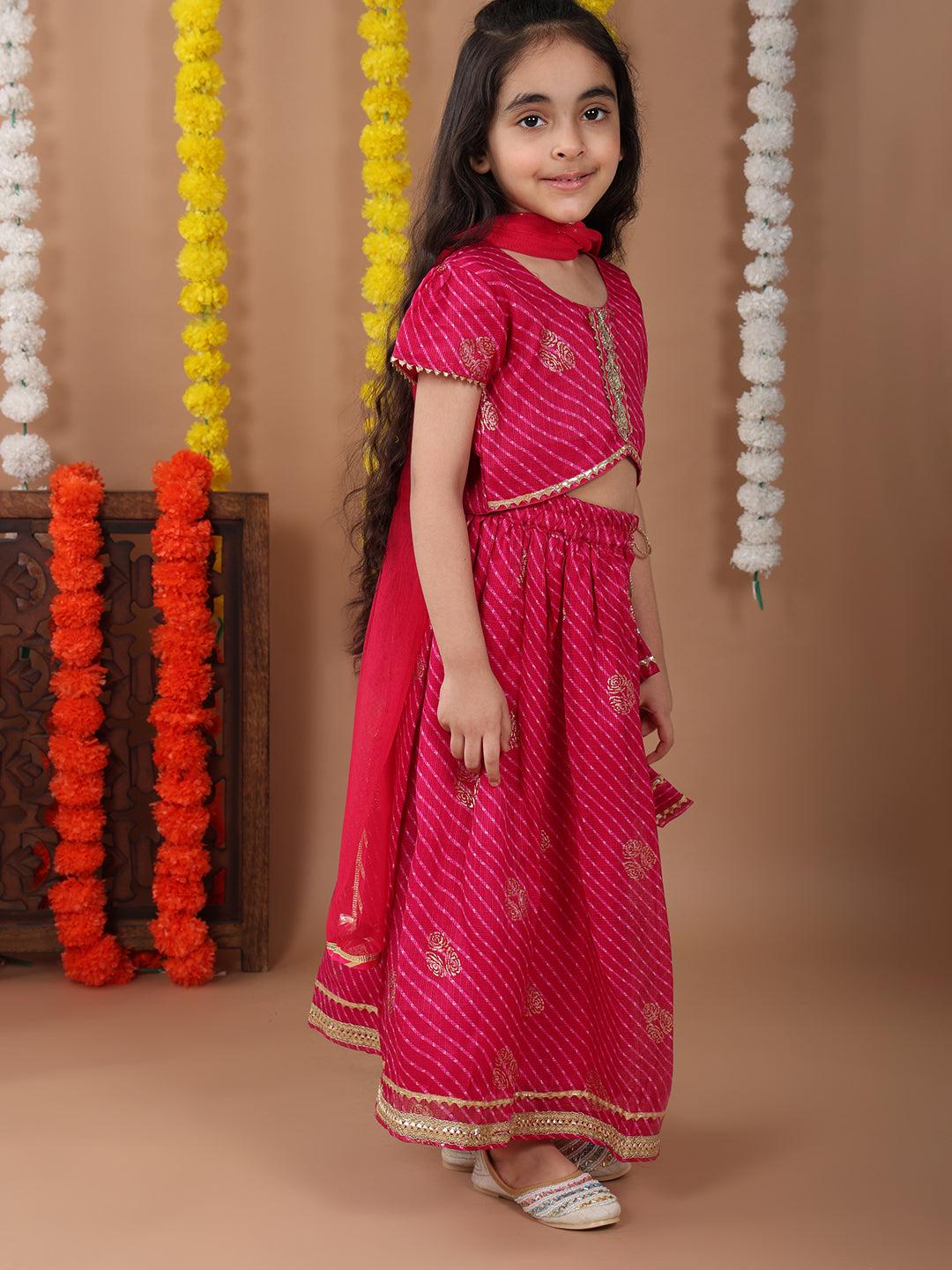 Pink Kota Lehenga with half sleeves lace work top and dupatta