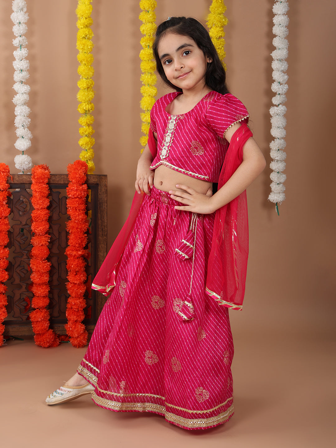 Pink Kota Lehenga with half sleeves lace work top and dupatta