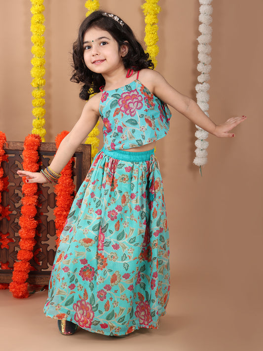 Blue Kota printed Lehenga with sleeveless tie on top