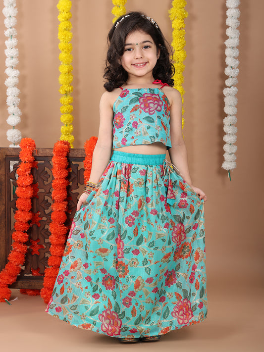Blue Kota printed Lehenga with sleeveless tie on top