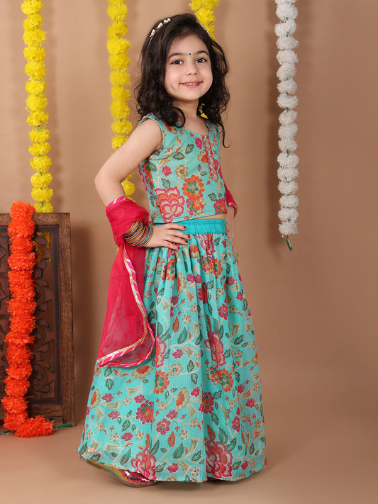 Blue Kota printed Lehenga with sleeveless lace work top and dupatta