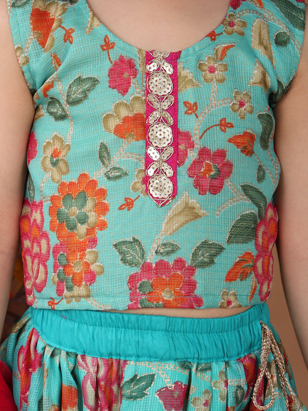 Blue Kota printed Lehenga with sleeveless lace work top and dupatta