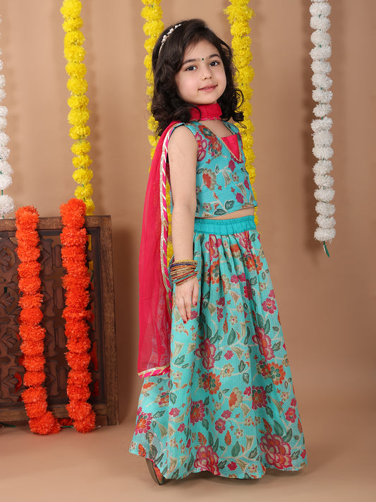 Blue Kota printed Lehenga with sleeveless patch work top and dupatta