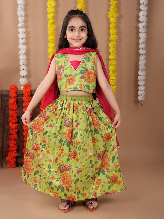 Green Kota printed Lehenga with sleeveless patch work top and dupatta