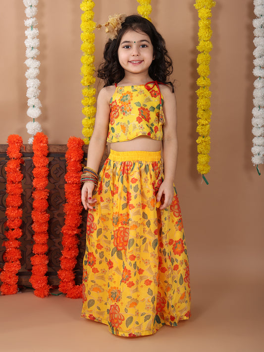 Yellow Kota printed Lehenga with sleeveless tie on top