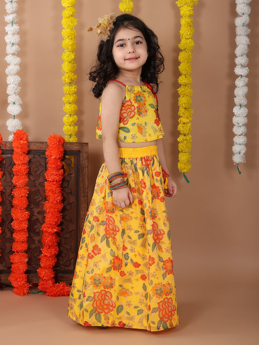 Yellow Kota printed Lehenga with sleeveless tie on top