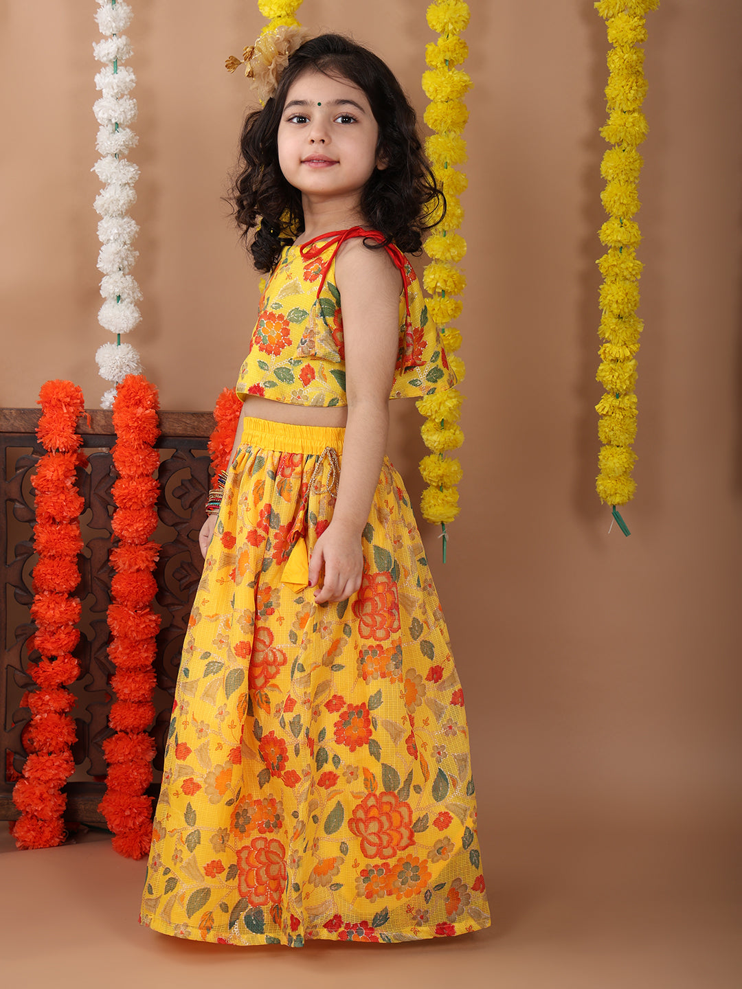 Yellow Kota printed Lehenga with sleeveless tie on top