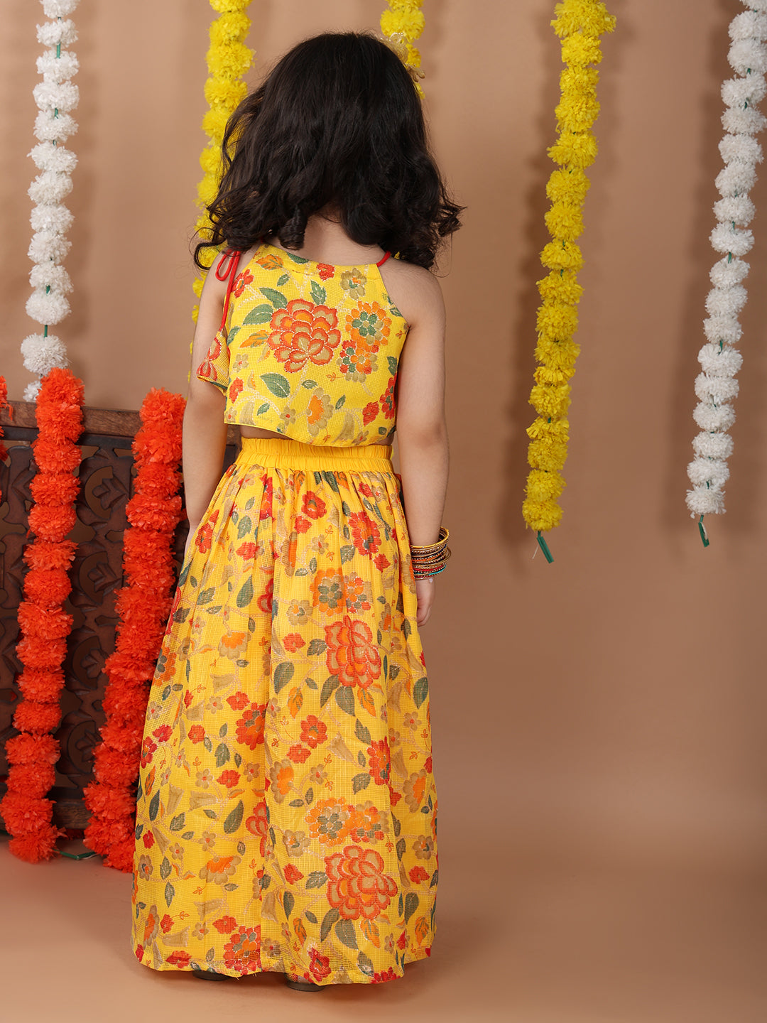 Yellow Kota printed Lehenga with sleeveless tie on top