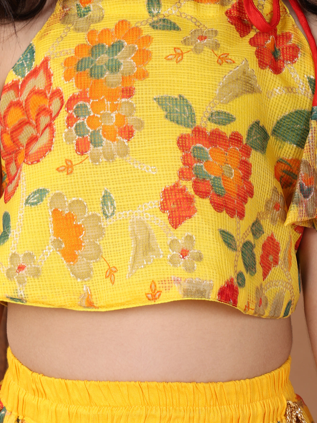 Yellow Kota printed Lehenga with sleeveless tie on top