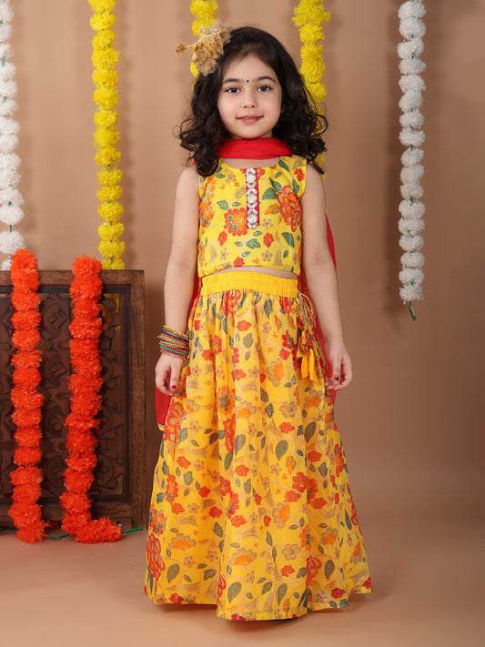 Yellow Kota printed Lehenga with sleeveless lace work top and dupatta