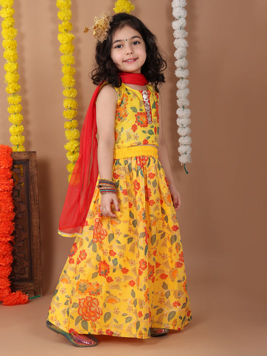 Yellow Kota printed Lehenga with sleeveless lace work top and dupatta
