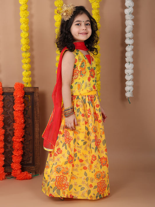 Yellow Kota printed Lehenga with sleeveless patch work top and dupatta