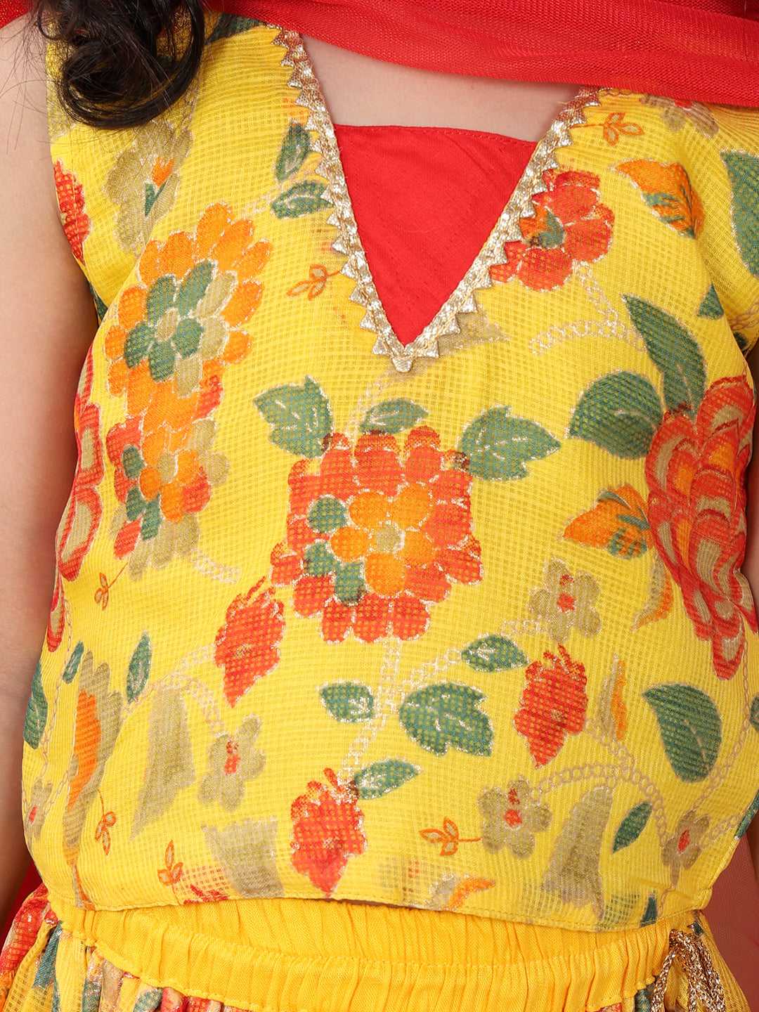 Yellow Kota printed Lehenga with sleeveless patch work top and dupatta