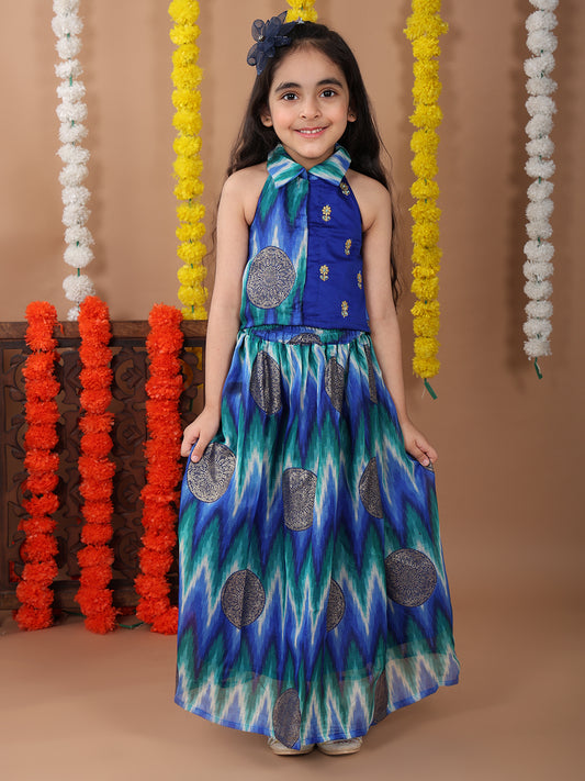 Blue Kota printed Lehenga with sleeveless embroidered tie on top