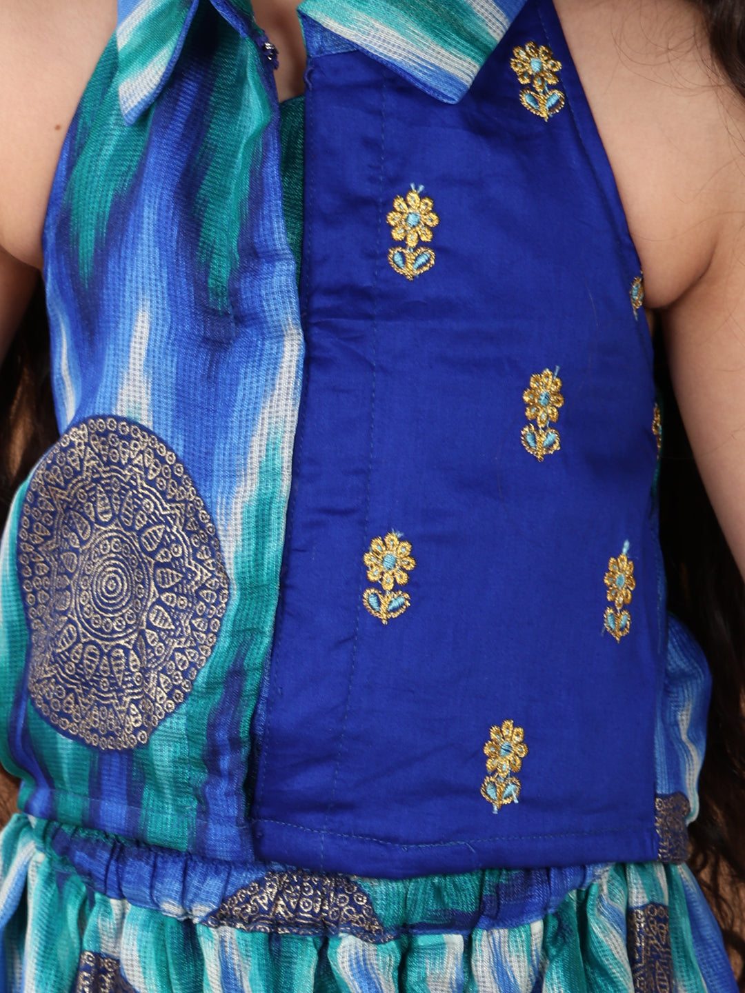 Blue Kota printed Lehenga with sleeveless embroidered tie on top