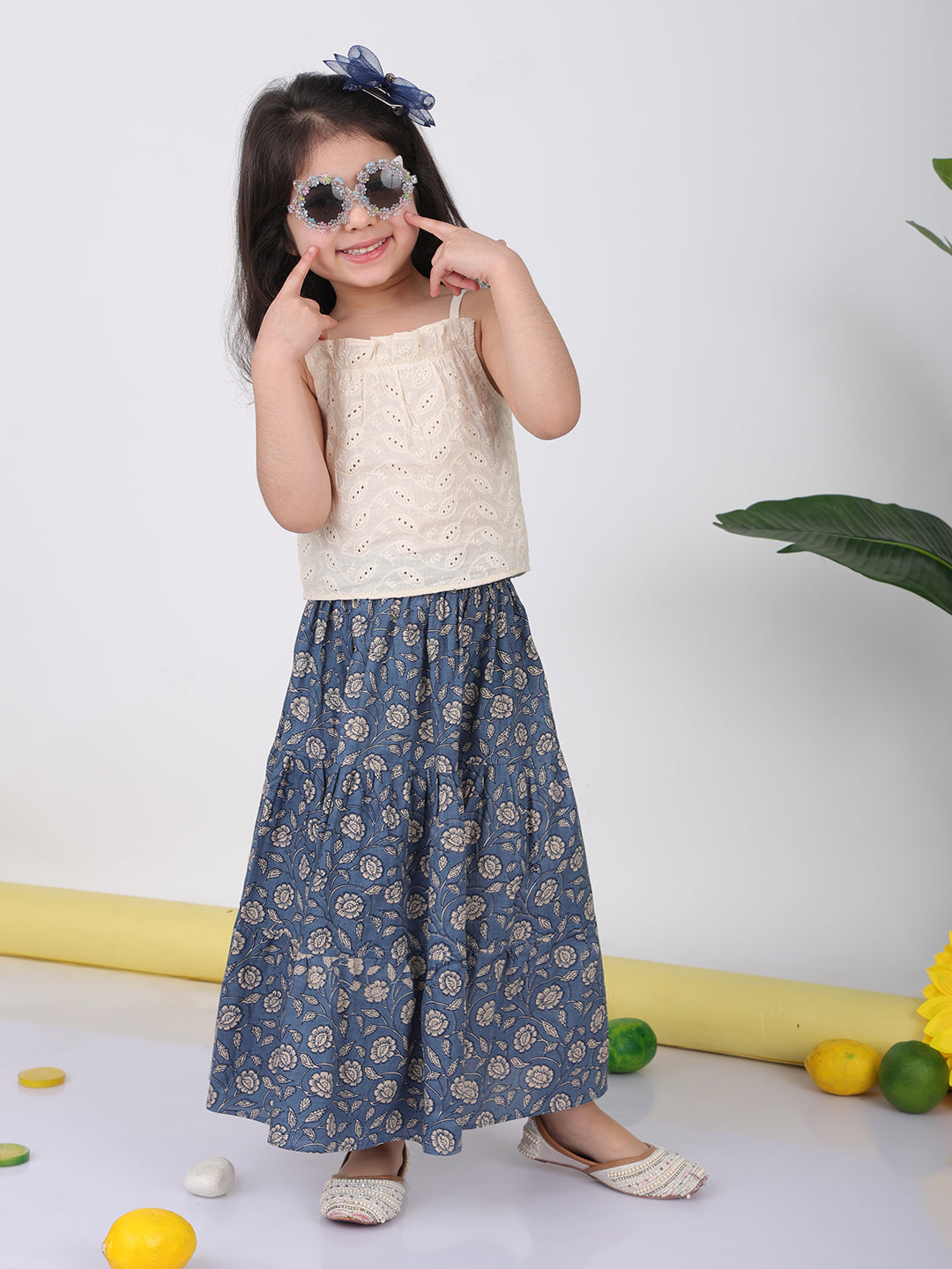 Blue Floral printed Lehenga with white hakoba top