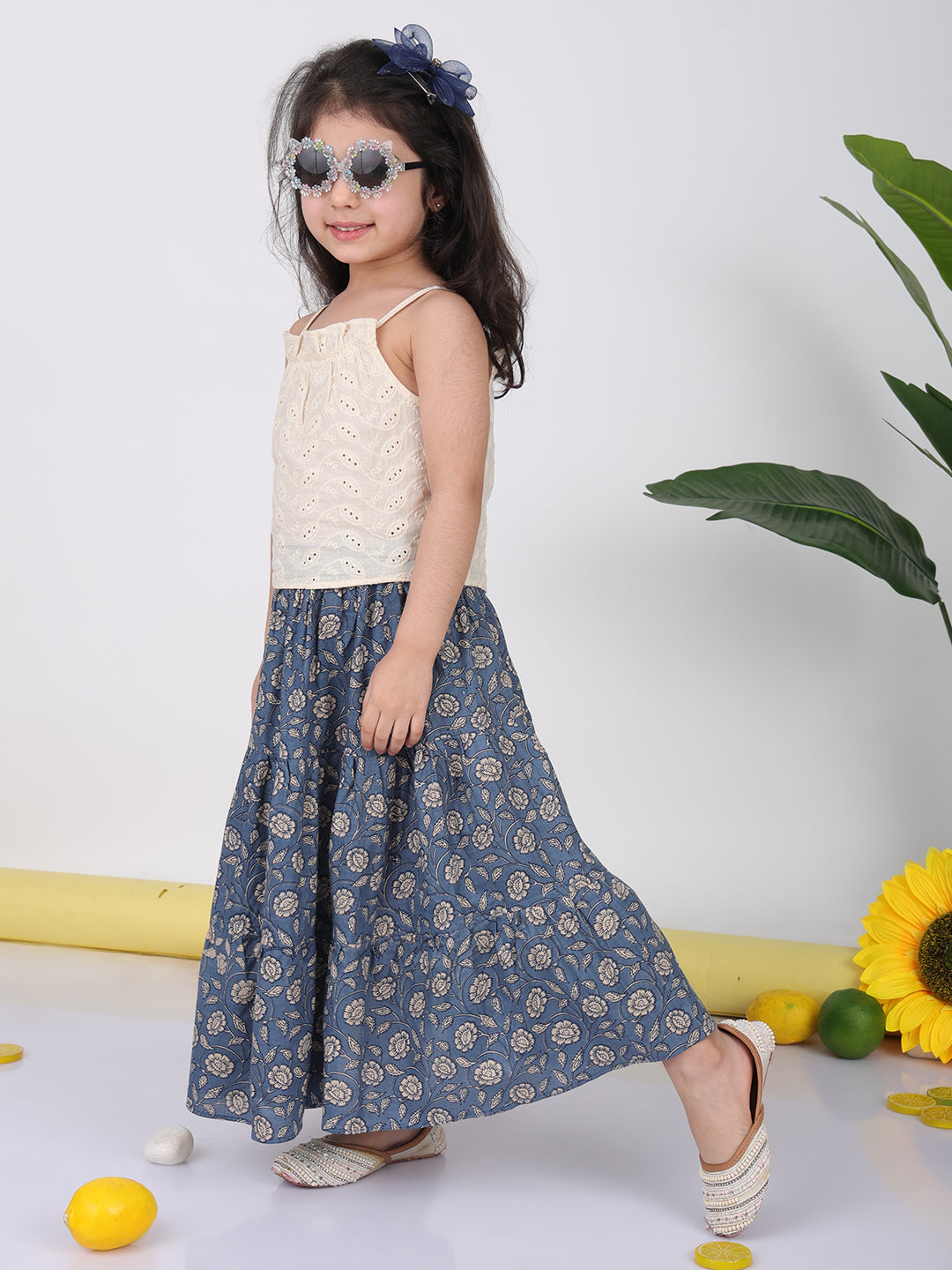 Blue Floral printed Lehenga with white hakoba top