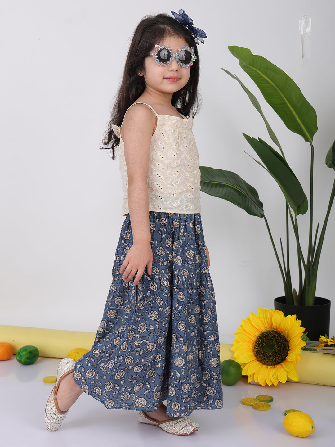 Blue Floral printed Lehenga with white hakoba top