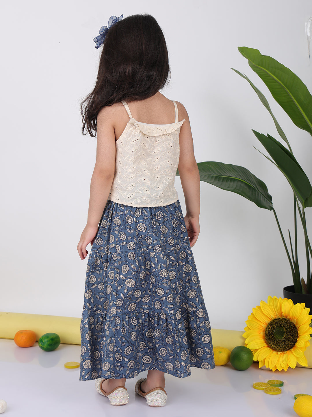 Blue Floral printed Lehenga with white hakoba top