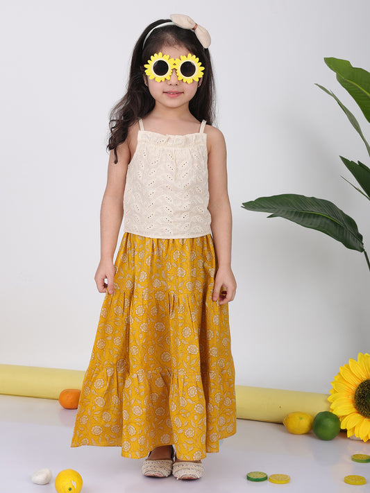Yellow Floral printed Lehenga with white hakoba top