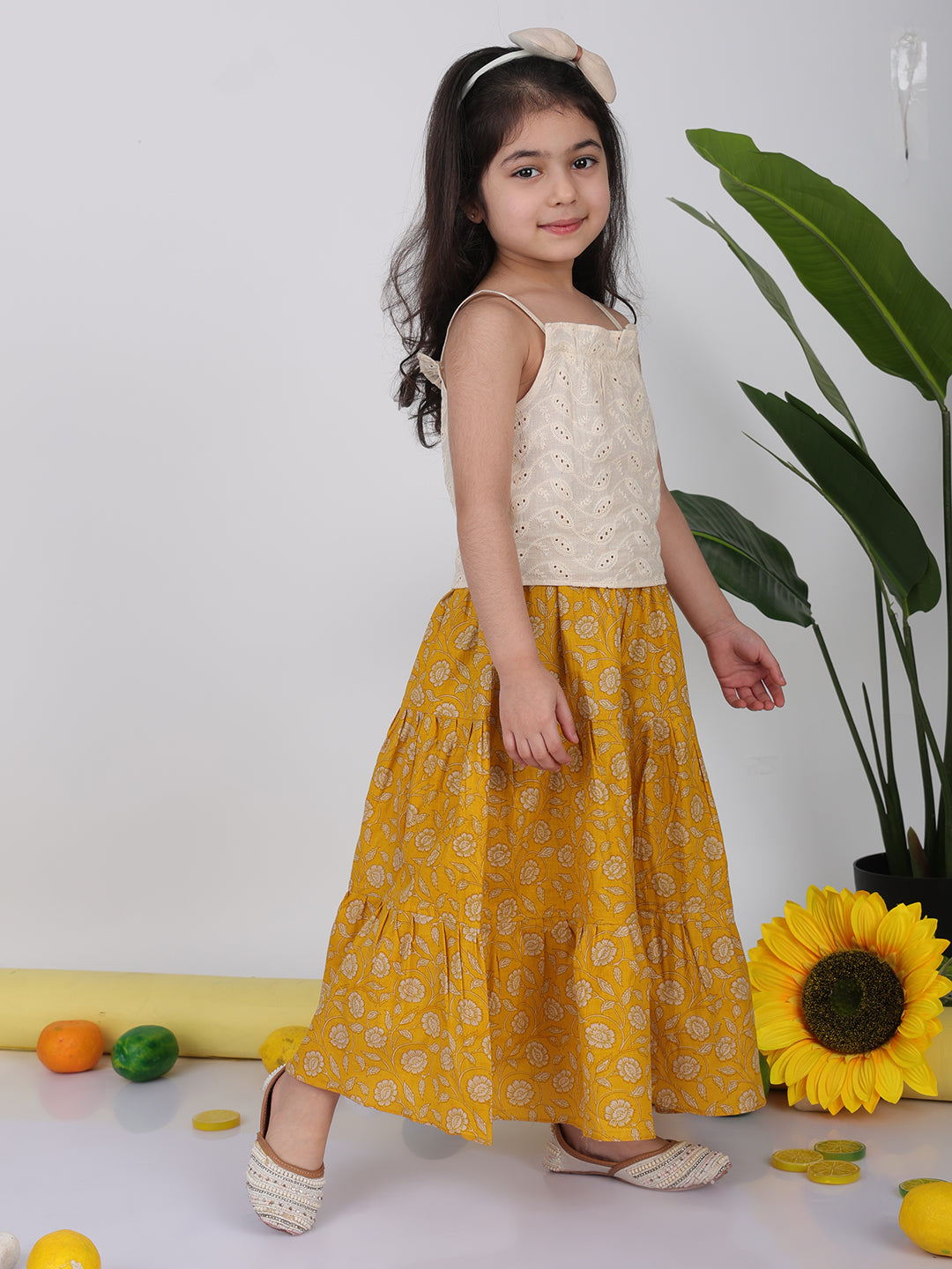 Yellow Floral printed Lehenga with white hakoba top
