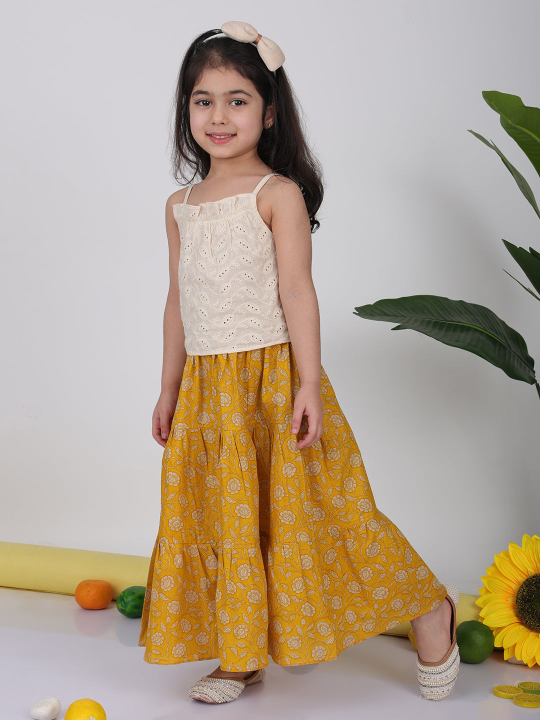 Yellow Floral printed Lehenga with white hakoba top