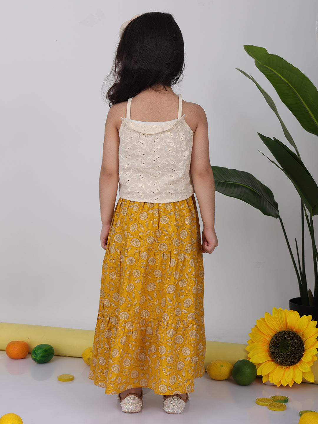 Yellow Floral printed Lehenga with white hakoba top