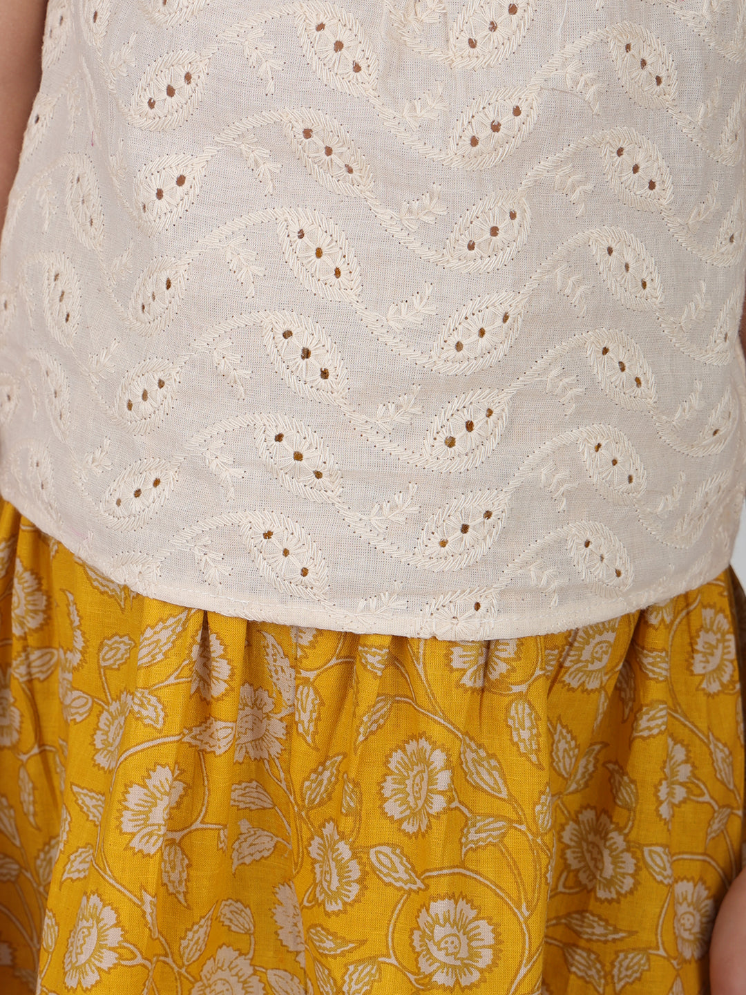 Yellow Floral printed Lehenga with white hakoba top