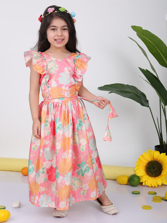 Light Pink cap sleeves floral printed Lehenga set