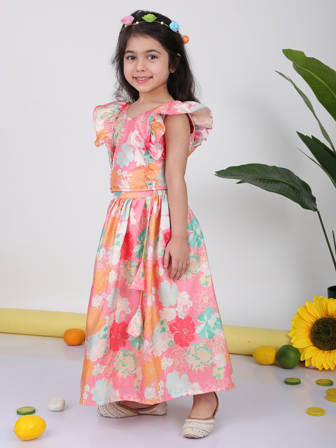 Light Pink cap sleeves floral printed Lehenga set