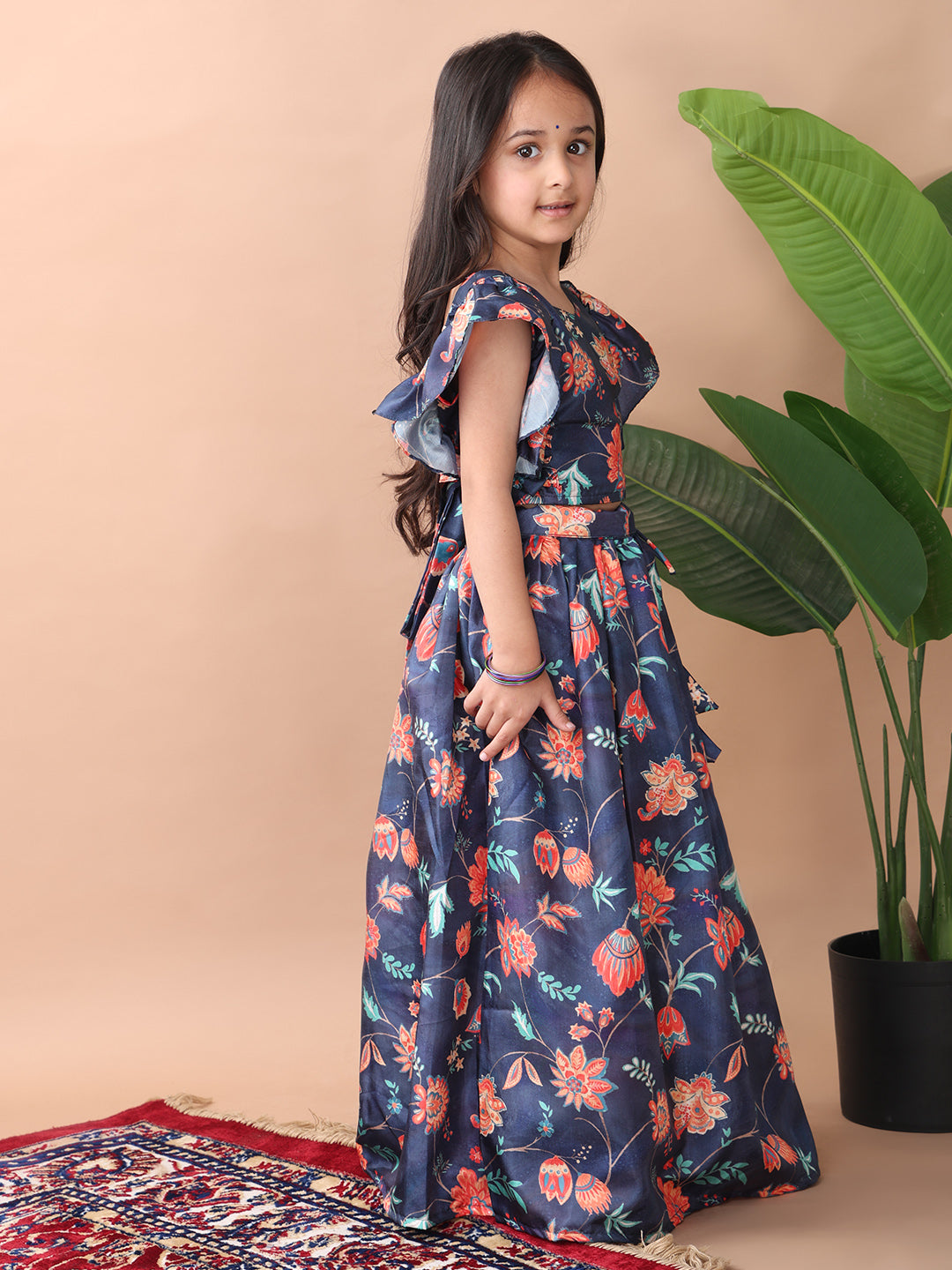 Blue cap sleeves floral printed Lehenga set