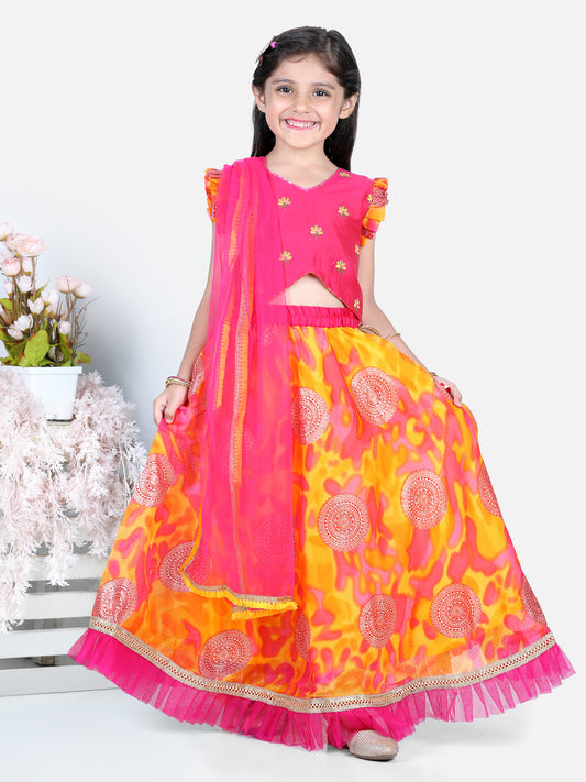 Foil embellished net frilled skirt with embroidered top and dupatta