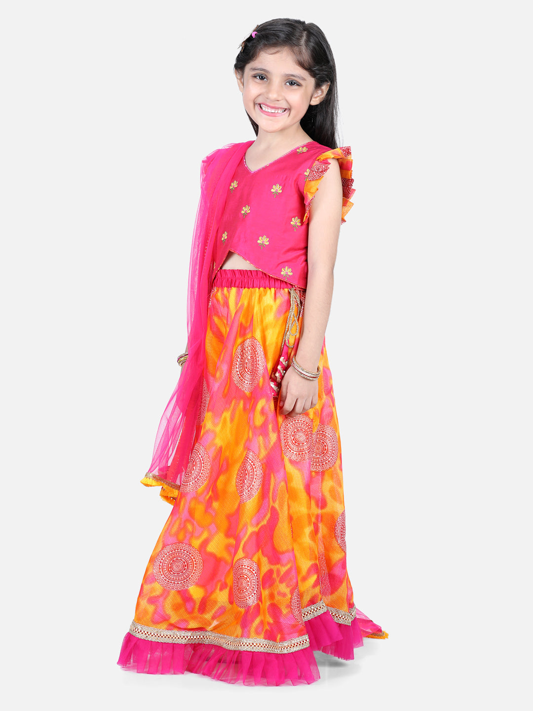 Foil embellished net frilled skirt with embroidered top and dupatta