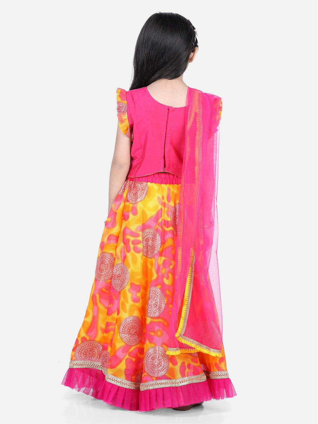 Foil embellished net frilled skirt with embroidered top and dupatta
