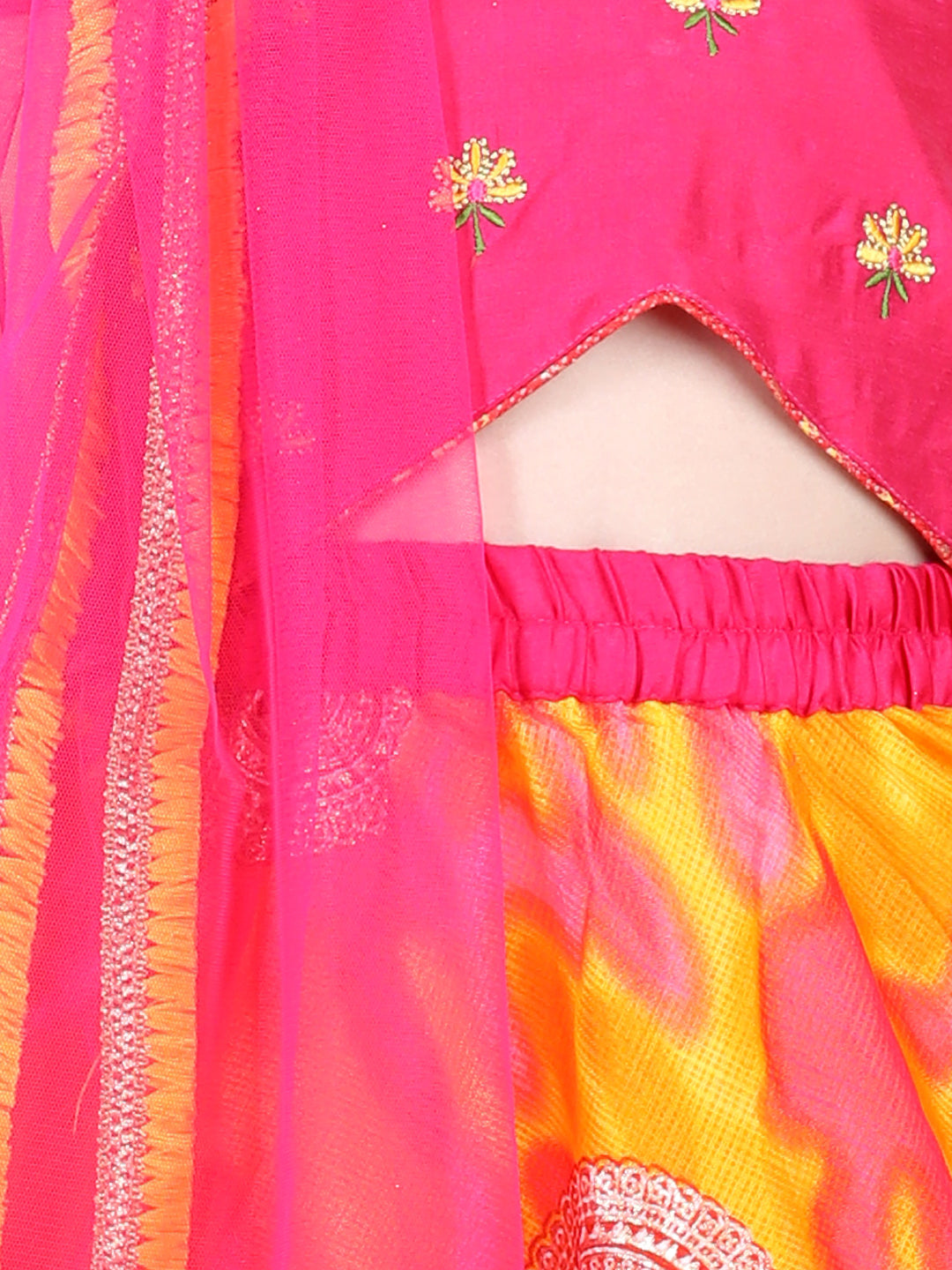 Foil embellished net frilled skirt with embroidered top and dupatta