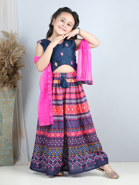 Embroidered Top with printed blue lehenga and dupatta