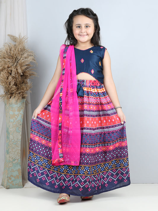 Embroidered Top with printed blue lehenga and dupatta