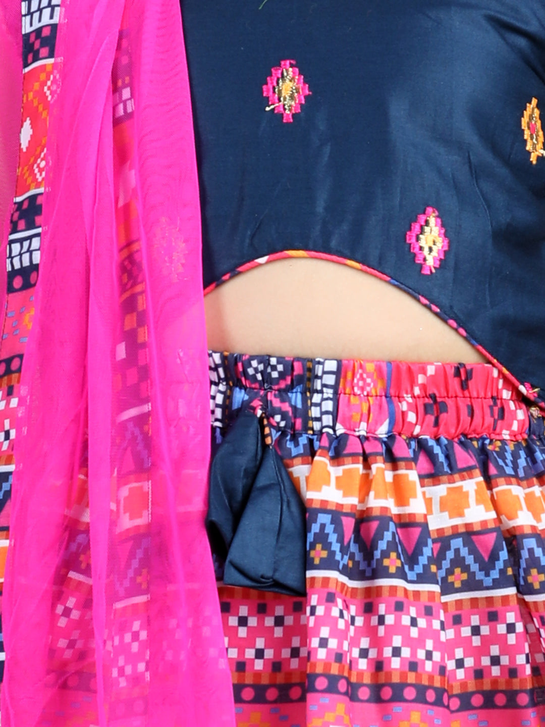 Embroidered Top with printed blue lehenga and dupatta