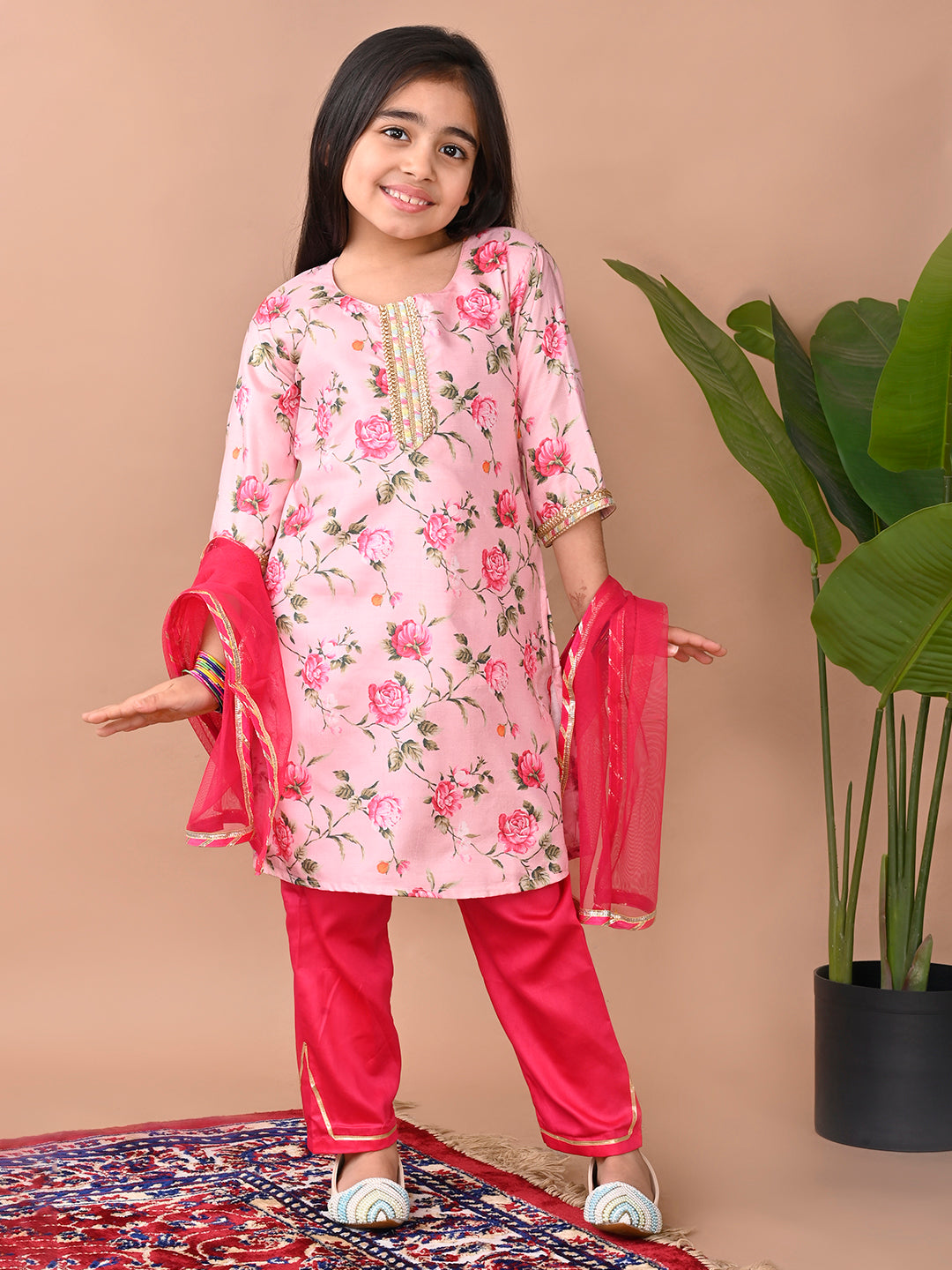 Pink printed Kurti with Plazo and dupatta