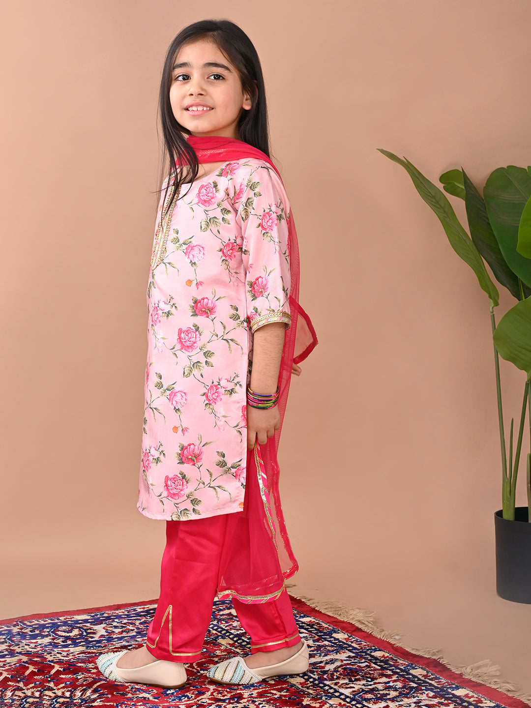 Pink printed Kurti with Plazo and dupatta