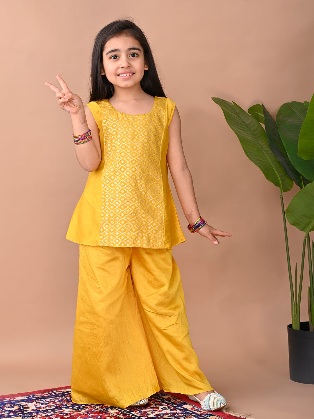 Yellow jacquard Kurti with pant