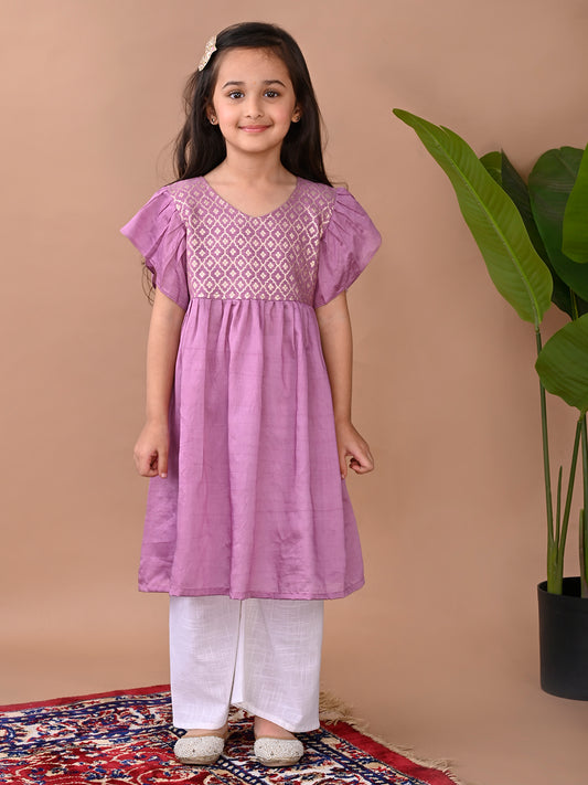 Purple cap sleeves jacquard Kurti with white pant