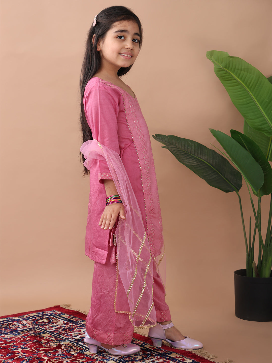 Pink Embroidereed Kurti With Pant And Dupatta