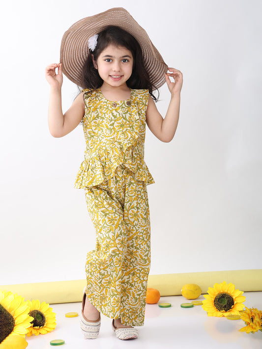Yellow sleeveless floral printed top and pant
