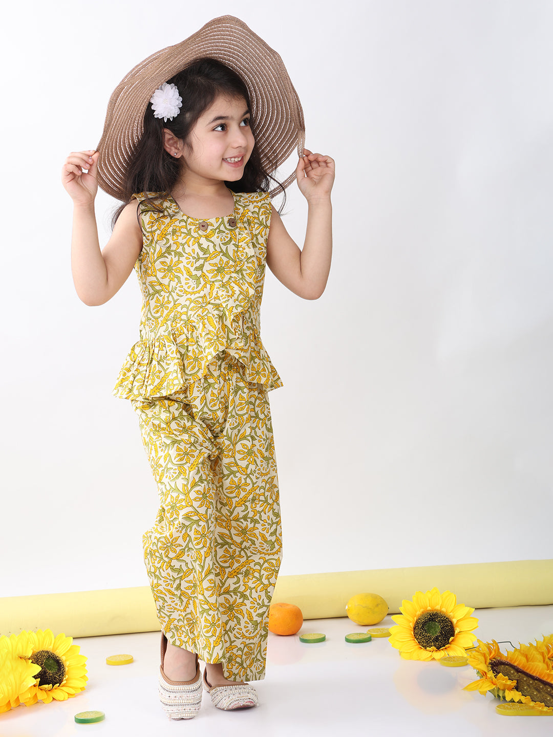Yellow sleeveless floral printed top and pant