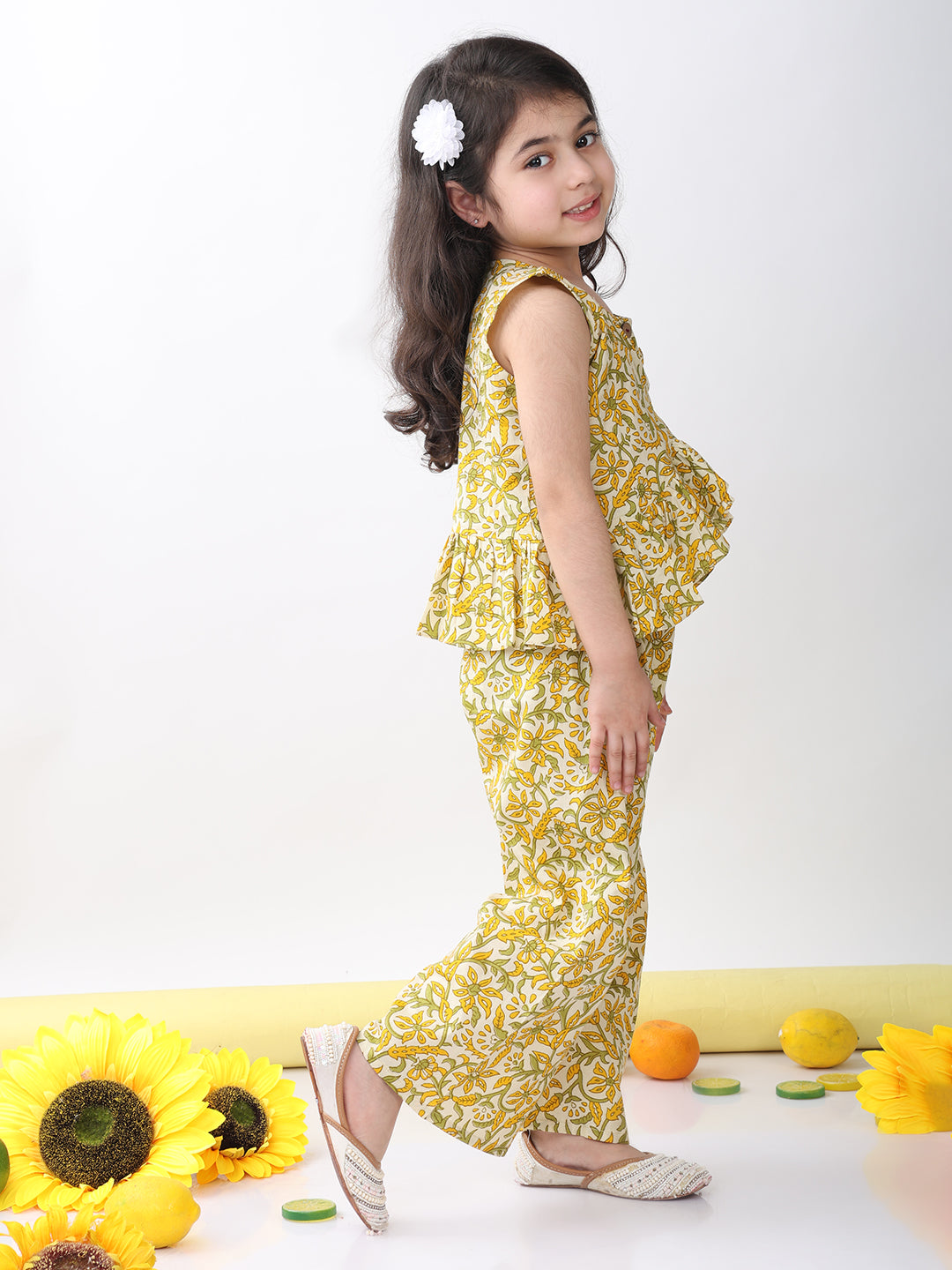 Yellow sleeveless floral printed top and pant