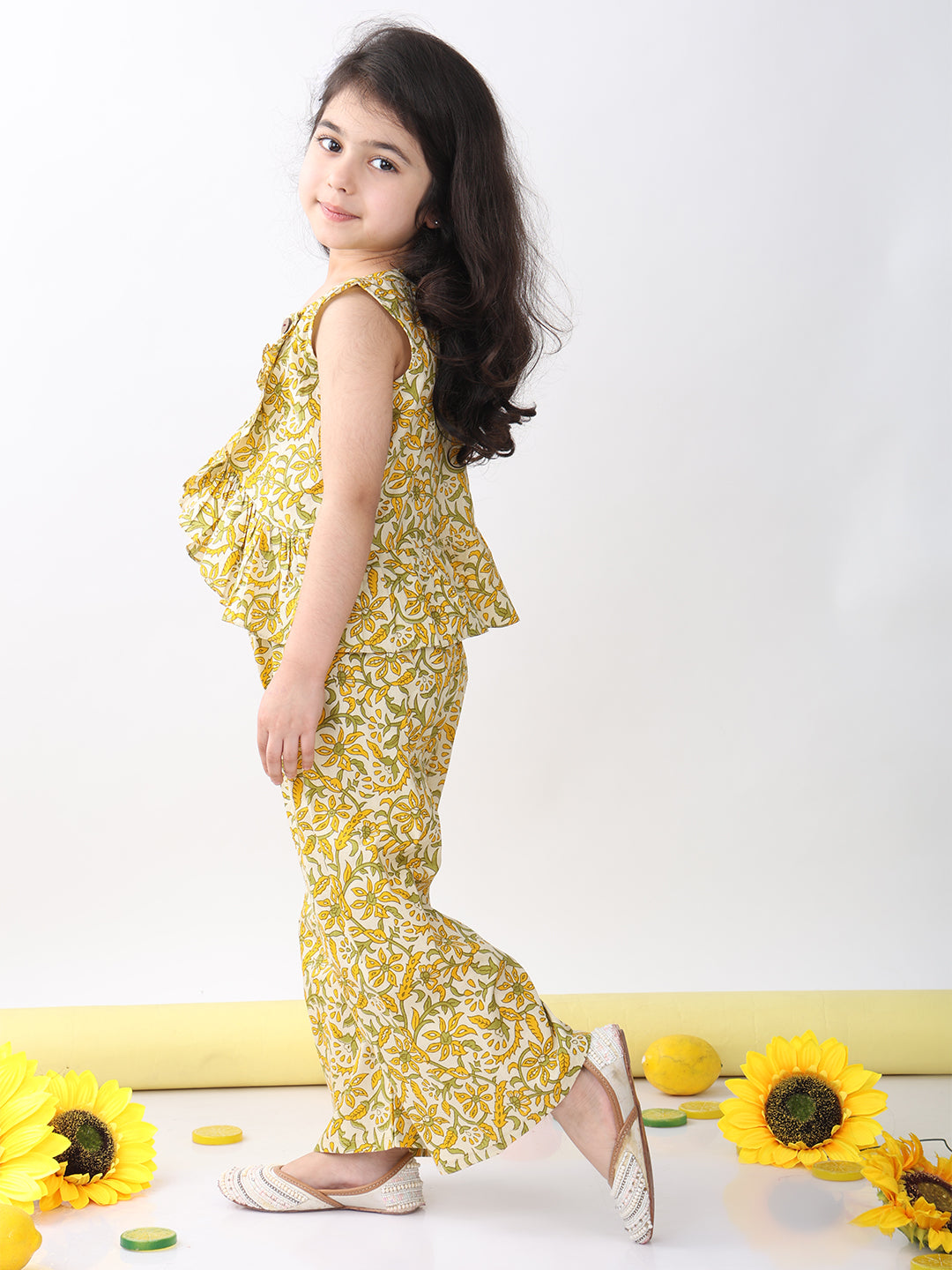 Yellow sleeveless floral printed top and pant